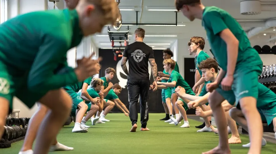 Unga fotbollsspelare gör en övning på konstgräset medan coachen går mellan raderna.