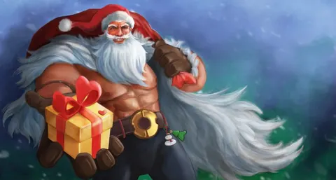 Illustration av en muskulös jultomte med ett paket i handen.