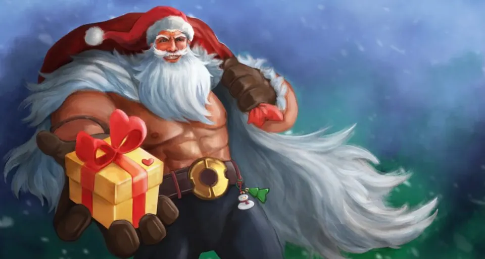 Illustration av en muskulös jultomte med ett paket i handen.