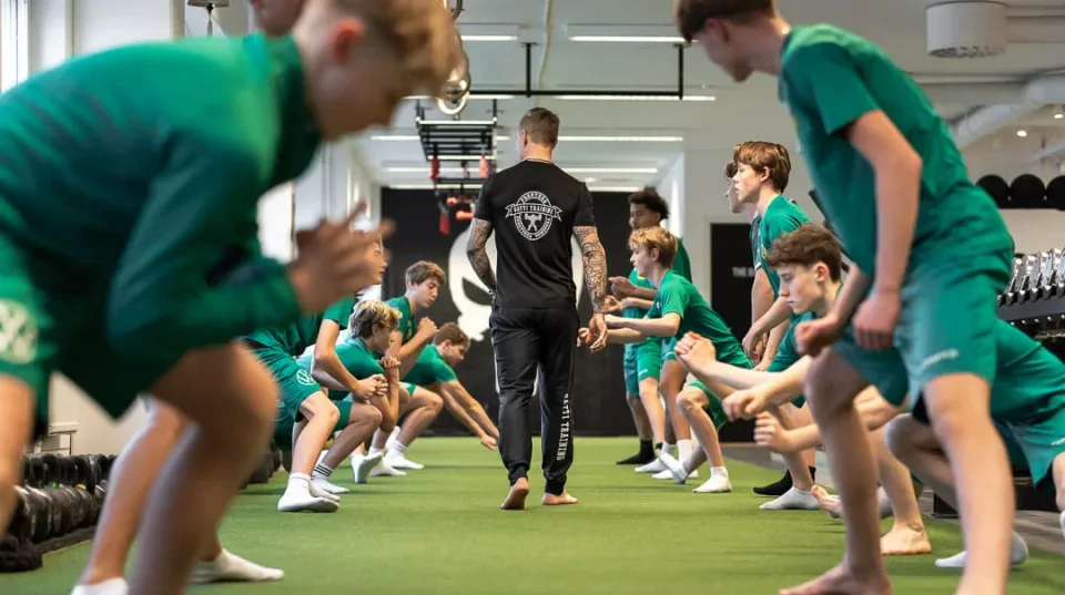 Ett ungdomslag värmer upp på konstgräset medan coachen går mellan raderna.